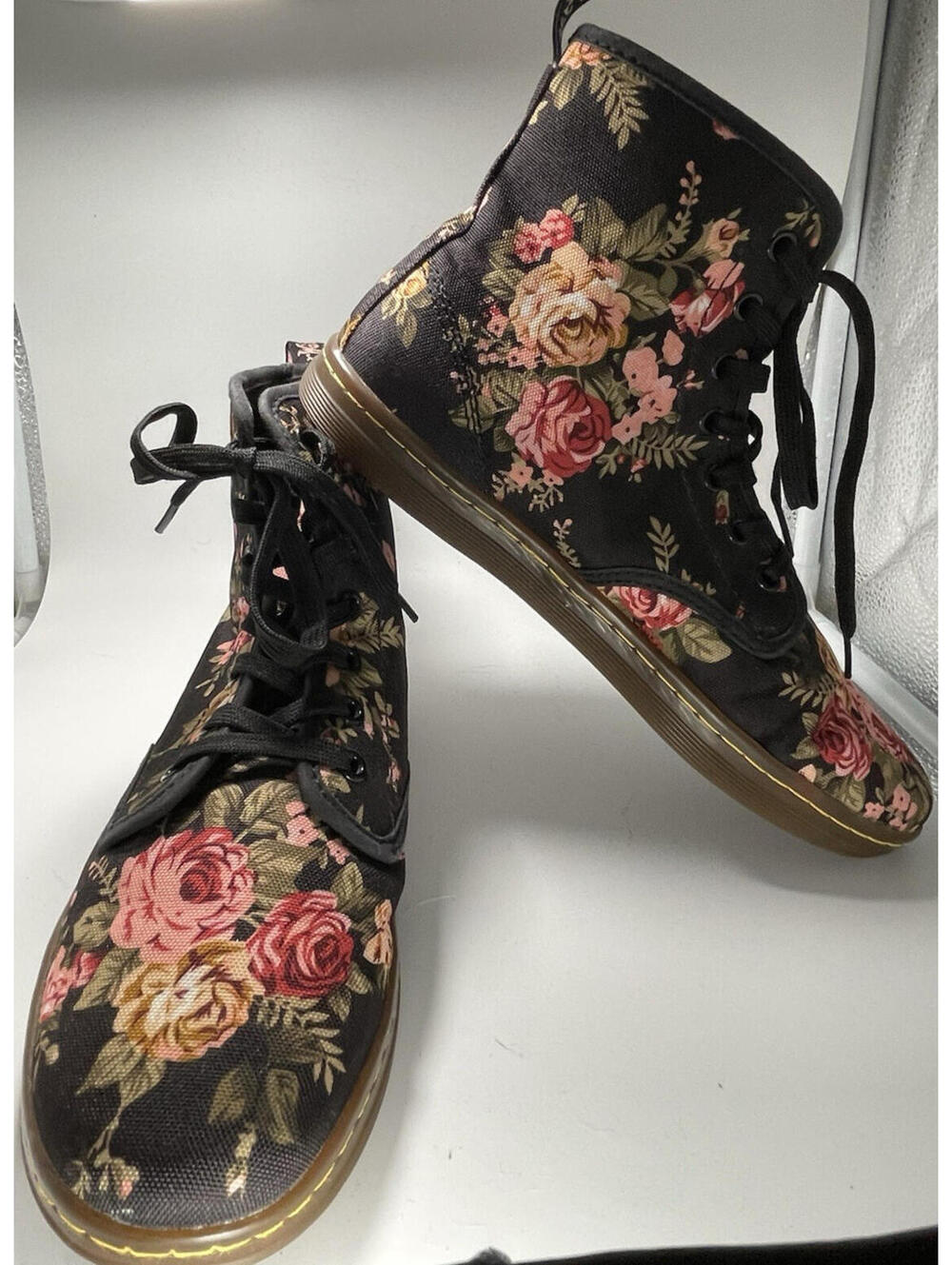 Dr. Martens 1460 Rose Floral Canvas Combat Boots Black Pink 11821 Boho Grunge 9